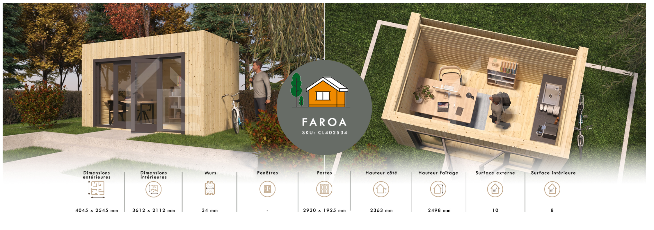 Extension bois FAROA 10m² – Bureau de jardin habitable
